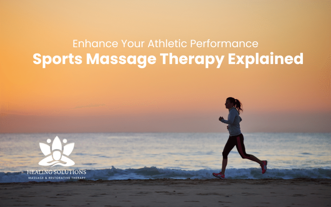 Woman jogging along the beach at sunrise with blog title “Sports Massage Therapy Explained” overlaid.